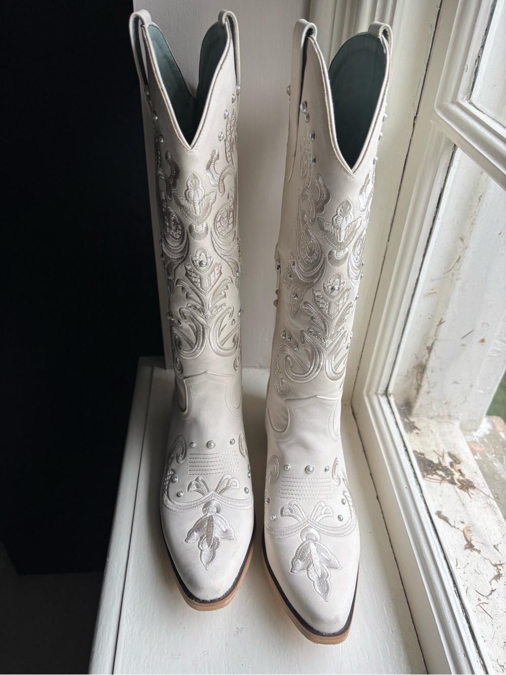 Ivory Pearl and Embroidered Western Knee-High Boots - Picture 2 of 11